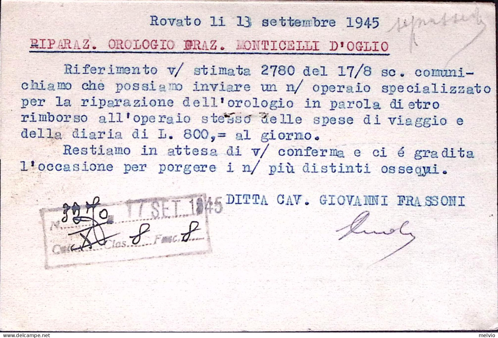 1945-IMPERIALE S.F. C.50 E Lire 1 Su Cartolina Rovato (14.9) - Marcophilia
