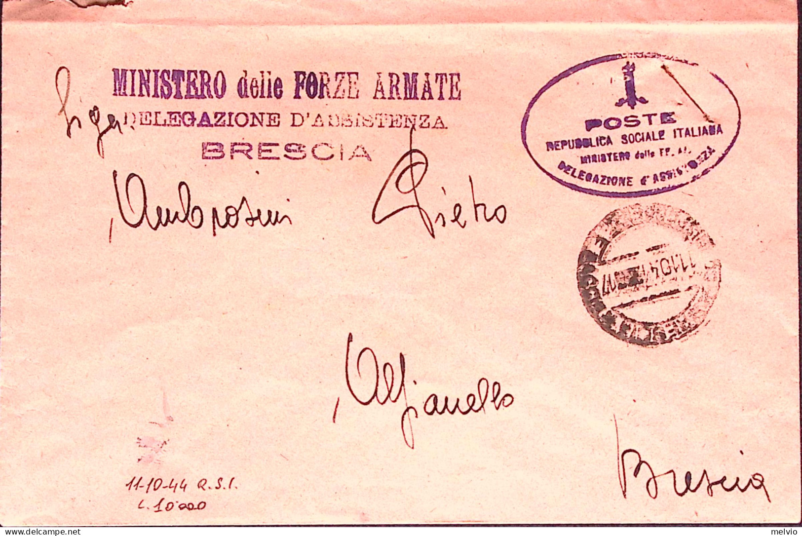 1944-RSI MINISTERO Delle FF.AA. Ovale Su Busta Di Servizio Brescia (11.10) - Marcophilia