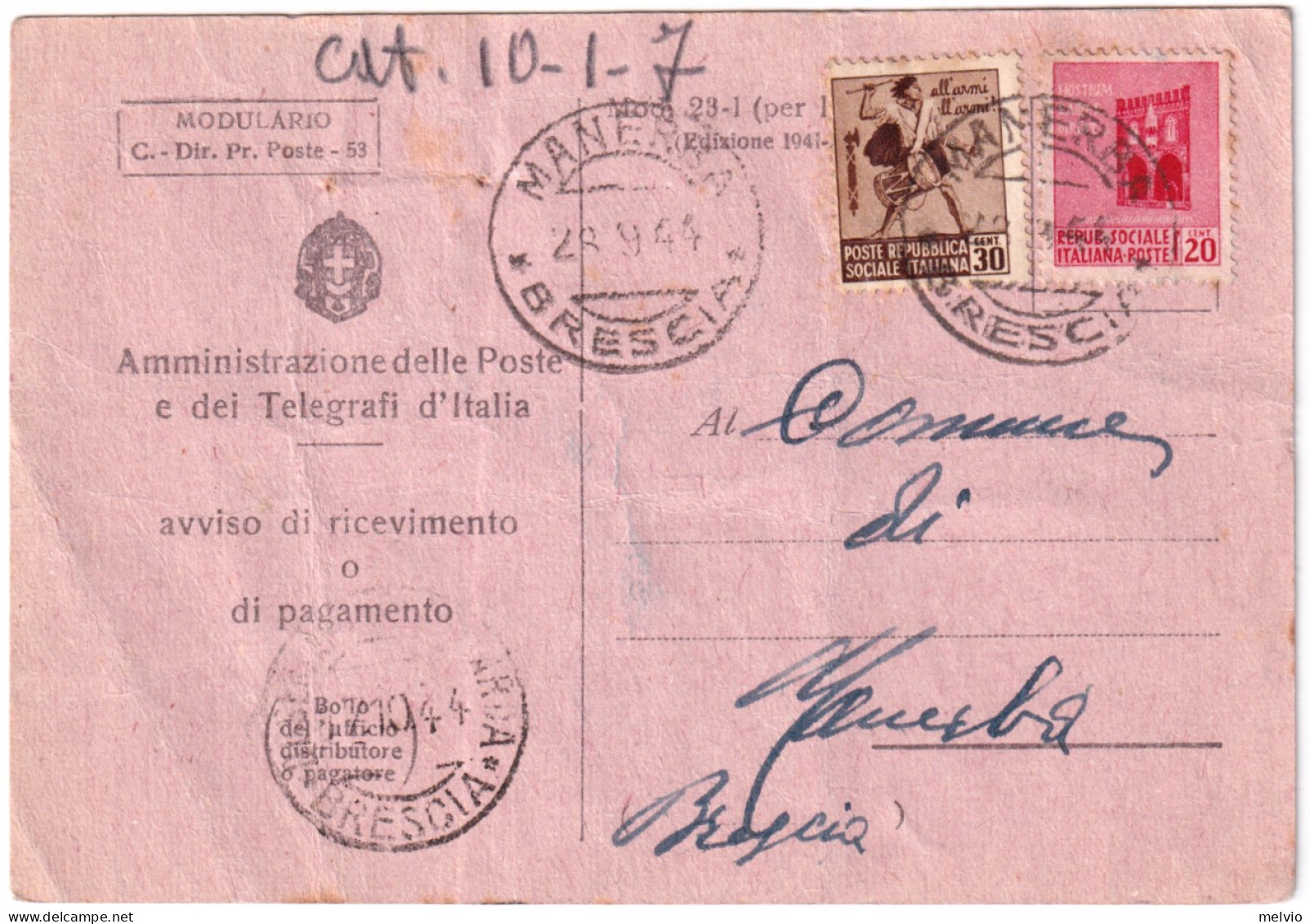 1944-R.S.I. AVVISO RICEVIMENTO Affrancata Monumenti C.20 E 30 Manerba (28.9) - Storia Postale
