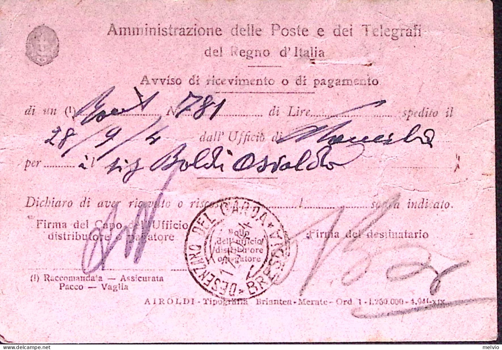 1944-R.S.I. AVVISO RICEVIMENTO Affrancata Monumenti C.20 E 30 Manerba (28.9) - Poststempel