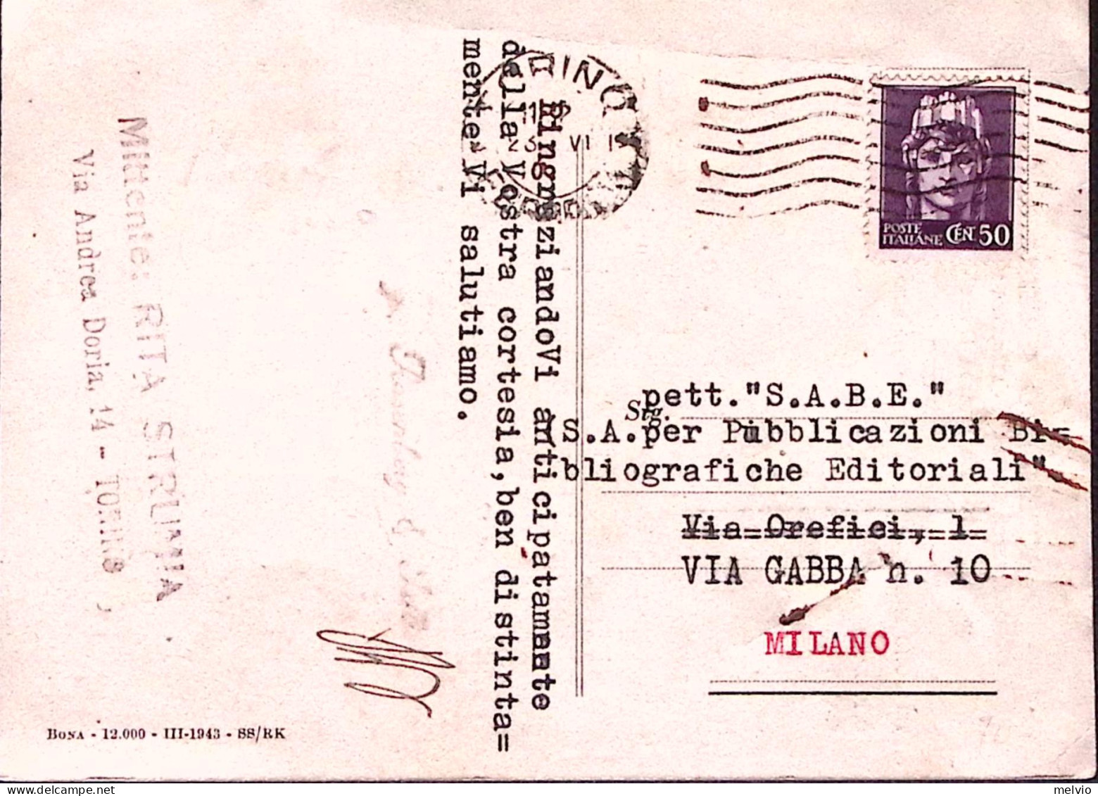 1945-IMPERIALE S.F. C.50 Isolato Su Cartolina Torino (23.6) Tariffa R.S.I. Tolle - Marcophilie