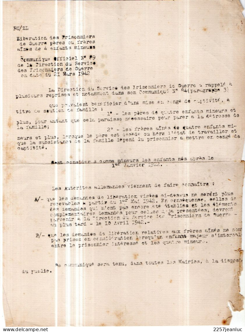 Communiqué Officiel N: 89 De La Direction Des  Prisonniers De Guerre Enfants Pères Ou Frères   En Date Du 21 Mars  1942 - Décrets & Lois