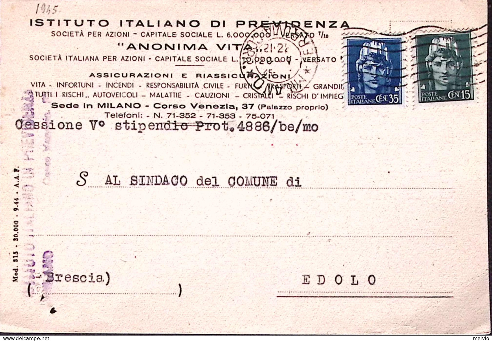 1945-IMPERIALE S.F. C.15 E 35 Su Cartolina Milano (18.5) - Marcophilia