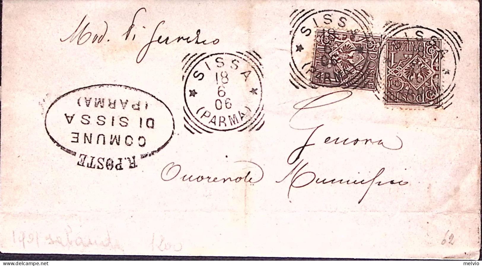 1906-FLOREALE Due C.1 Su Piego Annullo Tondo Riquadrato Sissa (18.6) - Poststempel