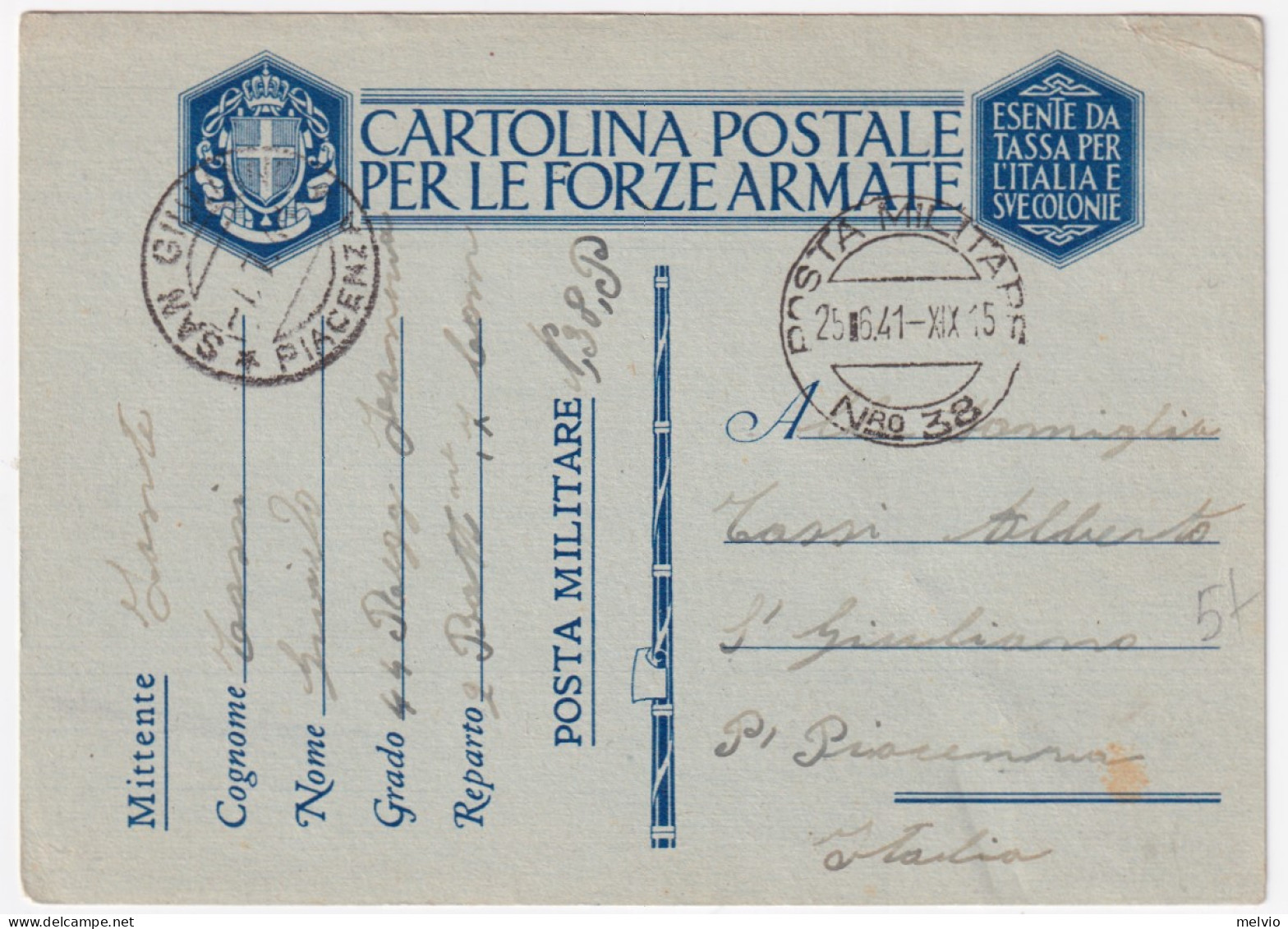 1941-Posta Militare/n.ro 38 C.2 (25.6) Su Cartolina Franchigia - Poststempel