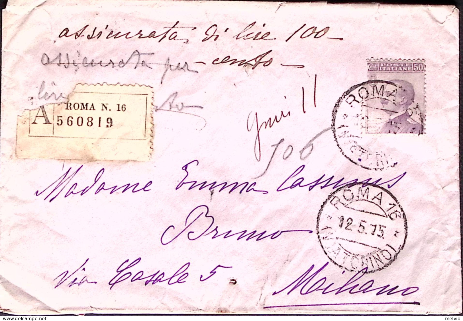 1915-MICHETTI C.50 Su Assicurata Lire 100 Roma (12.5) - Poststempel