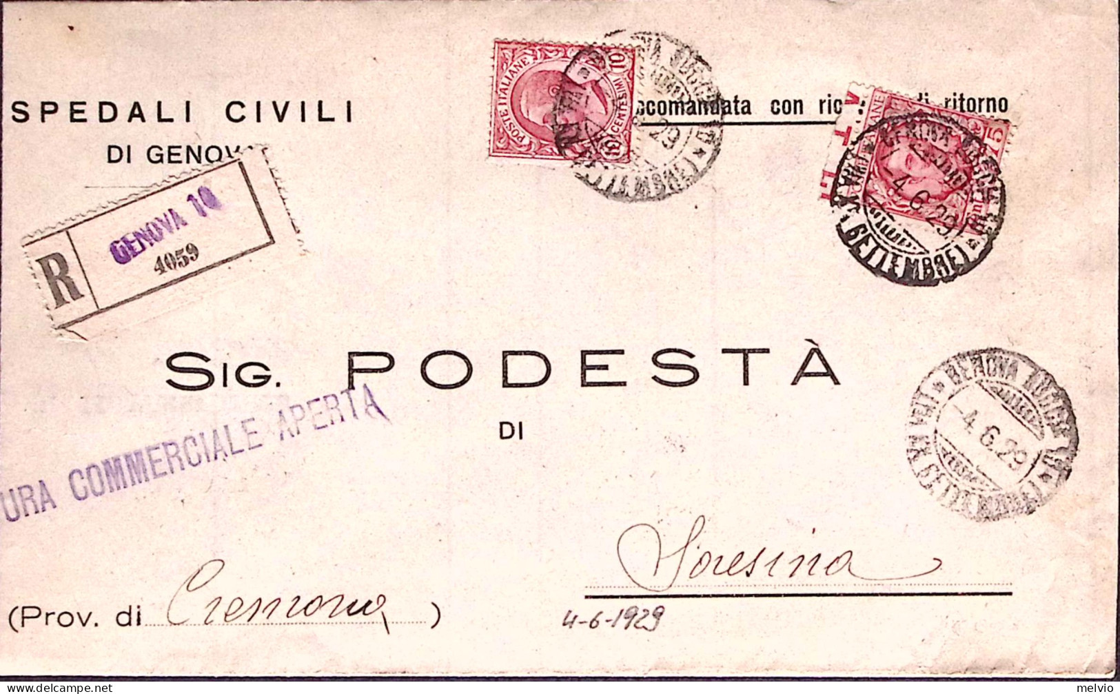 1929-FLOREALE C.75 + LEONI C,10 Su Piego Raccomandato Genova (4.6) - Poststempel