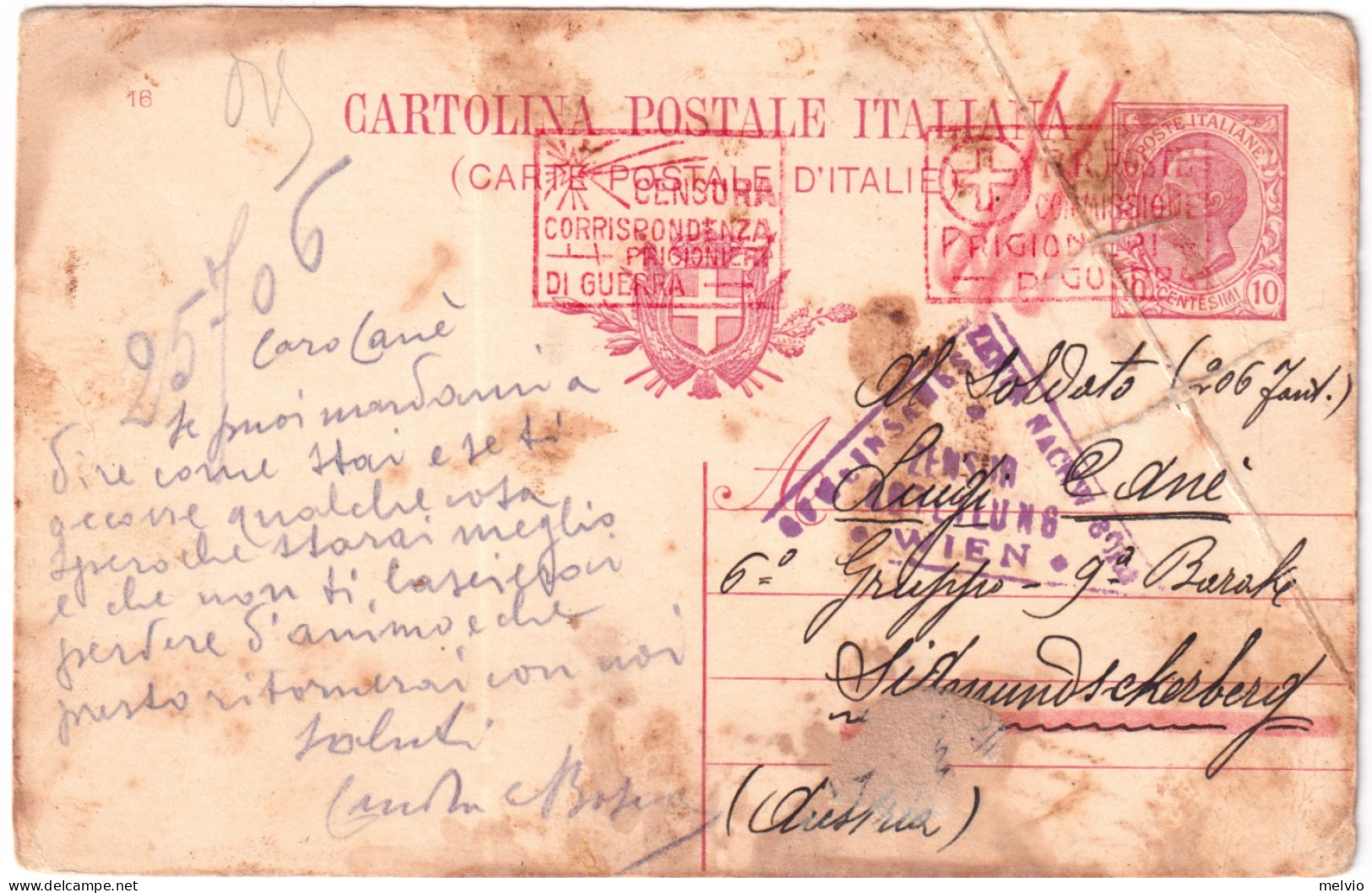 1917circa-CARTOLINA POSTALE Leoni C.10 Diretta A Prigioniero Di Guerra Italiano  - Poststempel