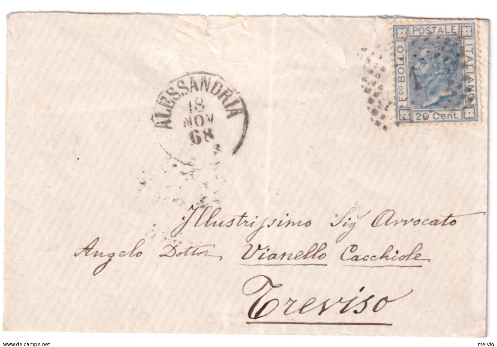 1868-ALESSANDRIA C1+punti (18.11) Su Busta Affrancata C.20 - Marcophilie