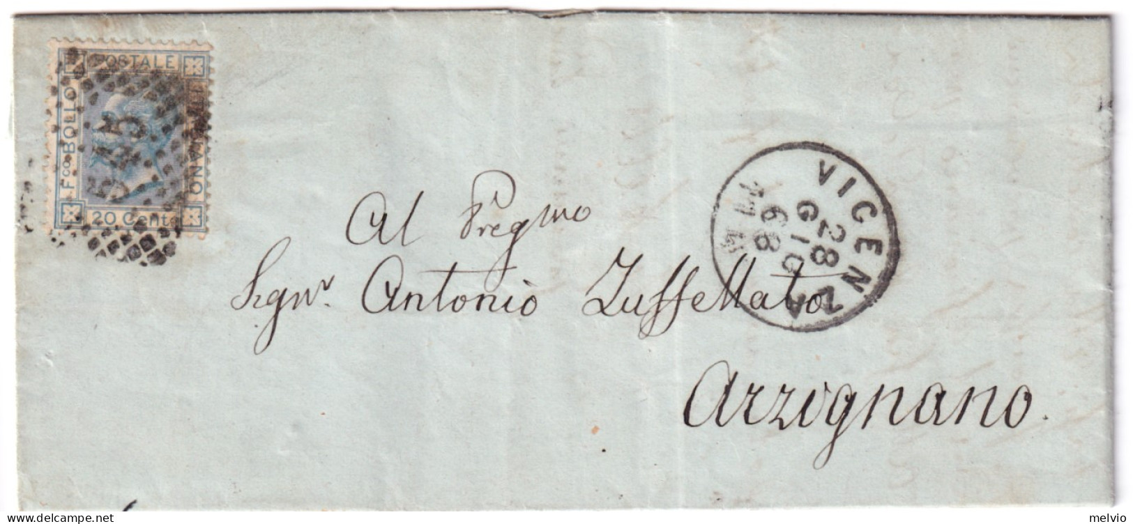 1868-VICENZA C1+punti (28.6) Su Lettera Completa Testo Affrancata C.20 - Poststempel