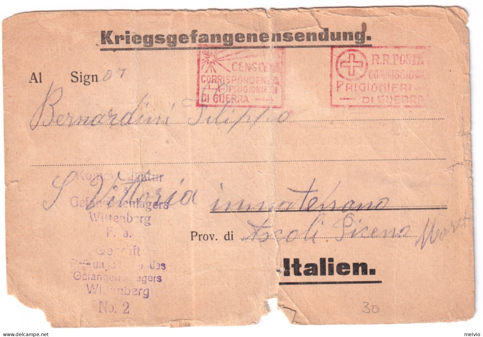 1917-CARTOLINA Da Witteberg (Austria) Da Italiano Prigioniero Di Guerra - Poststempel