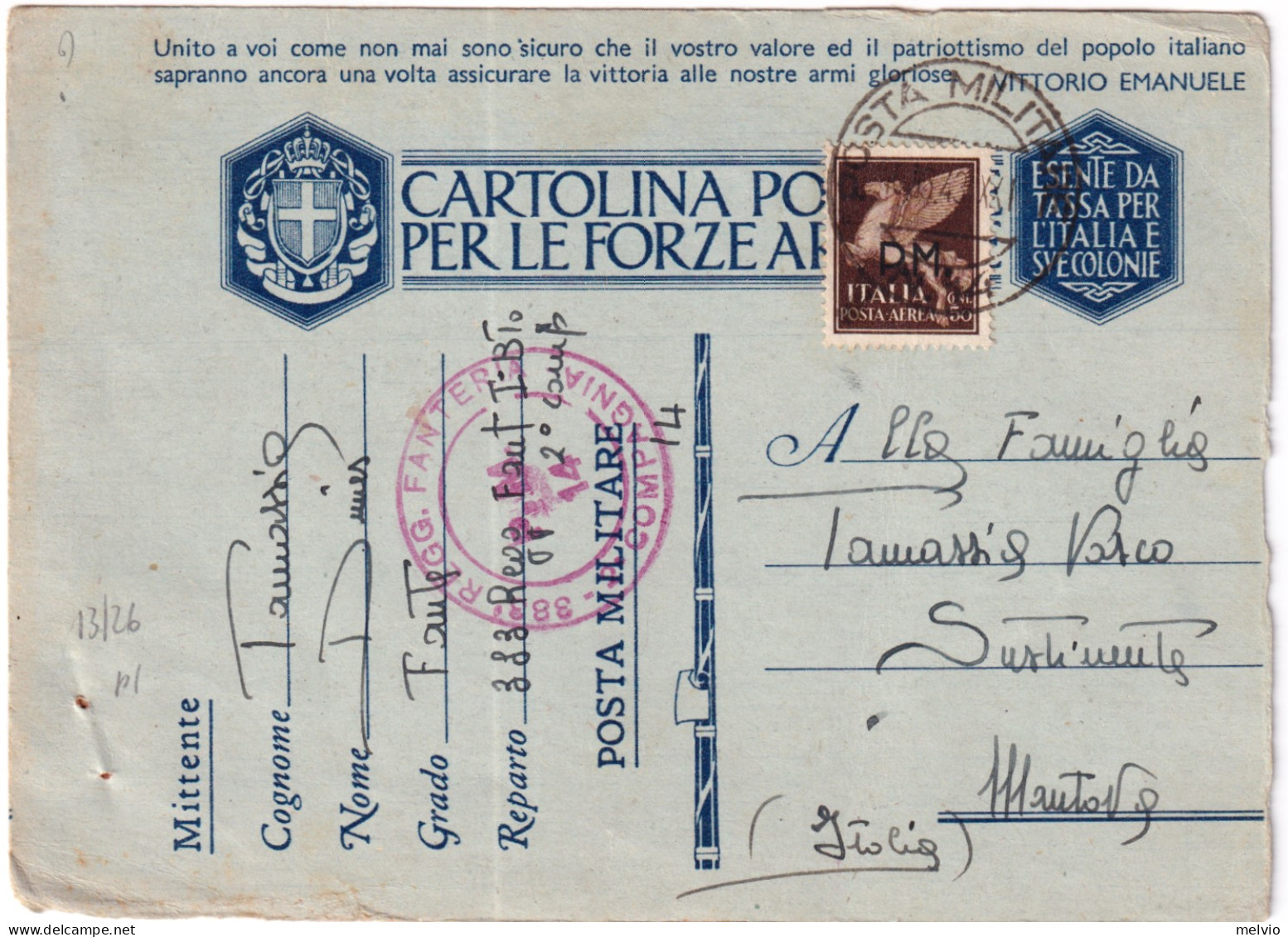 1943-POSTA MILITARE/N 14 C2 (10.6.43) Su Cartolina Via Aerea Fori Spillo - Poststempel
