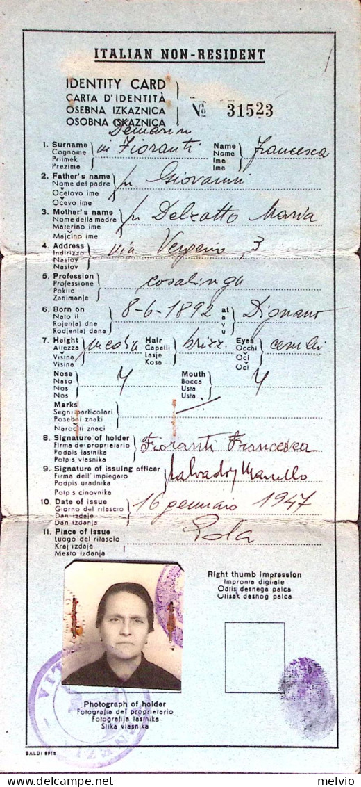 1947-Allied Military Government 13 Corps Carta Identità Bilingue Completa Di Fot - Documents Historiques