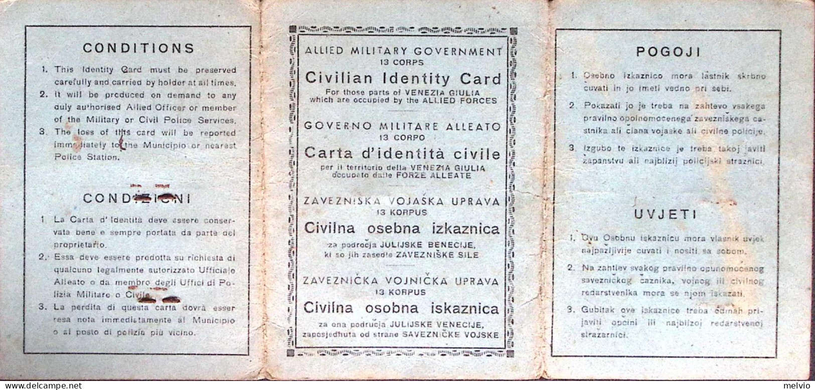 1947-Allied Military Government 13 Corps Carta Identità Bilingue Completa Di Fot - Historical Documents