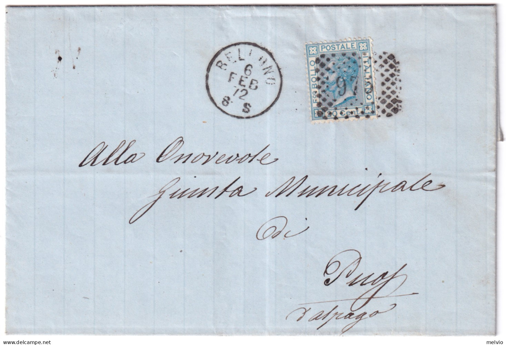 1872-BELLUNO C1+punti (6.2) Su Lettera Completa Testo Affrancata C.20 - Marcofilía