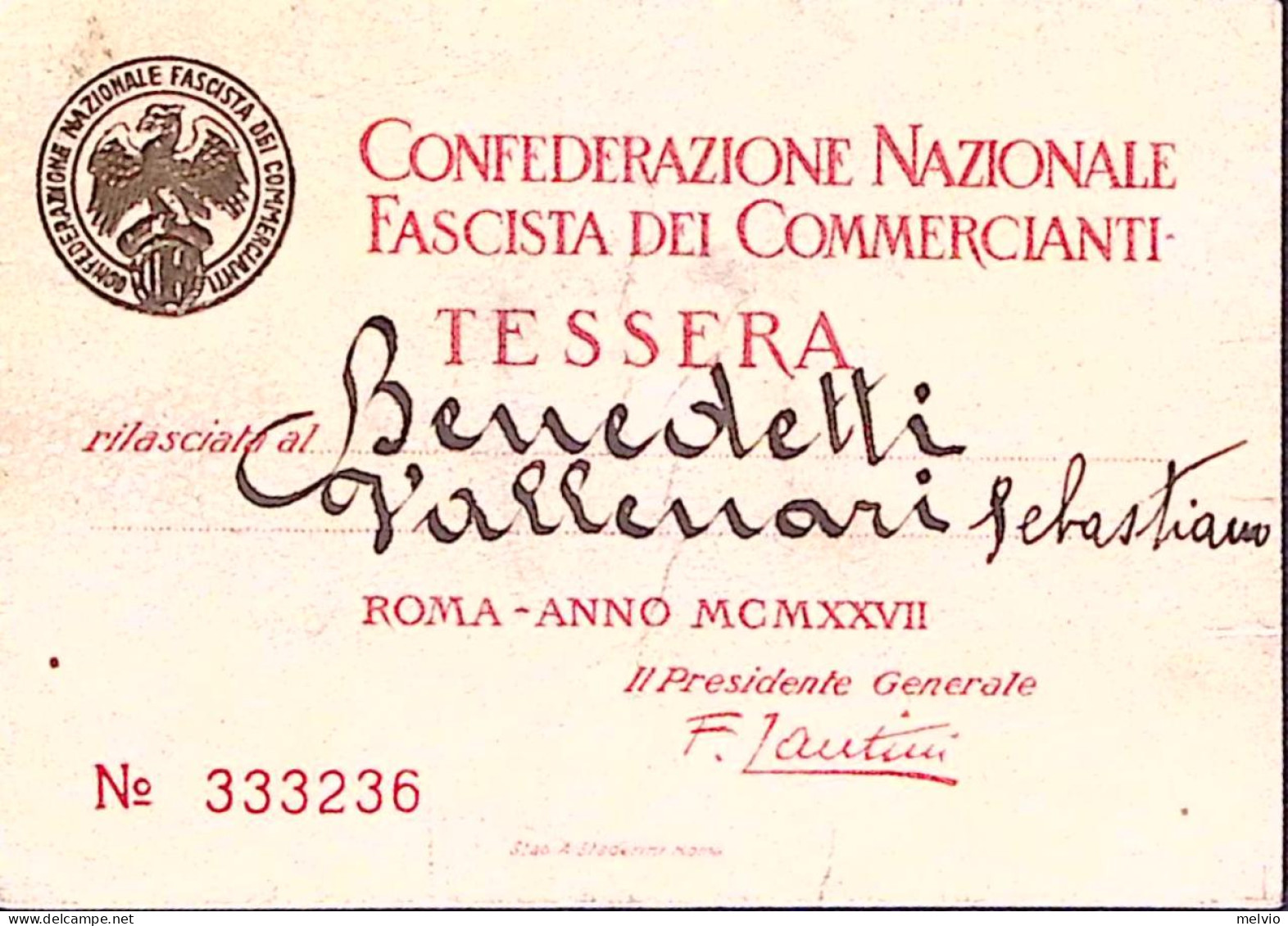 1927-CONFEDERAZIONE NAZ FASCISTA DEI COMMERCIANTI Tessera Rilasciata A Verona - Lidmaatschapskaarten