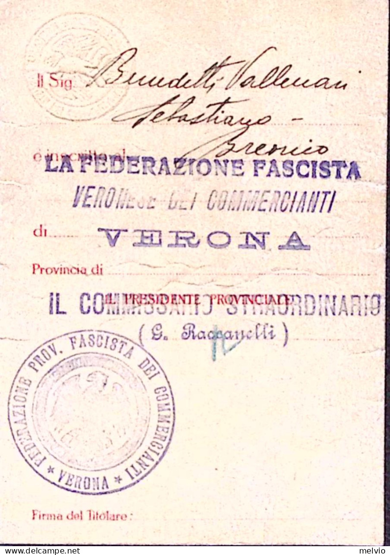 1927-CONFEDERAZIONE NAZ FASCISTA DEI COMMERCIANTI Tessera Rilasciata A Verona - Cartes De Membre