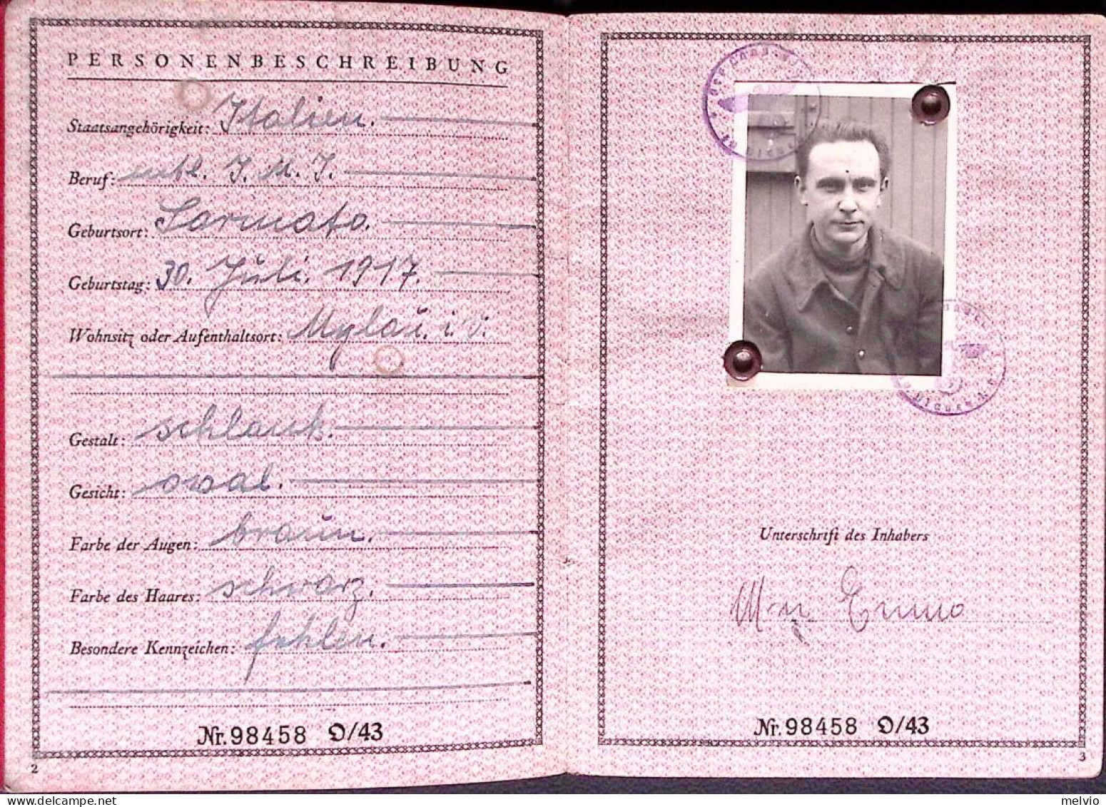 1944-VORLAUFIGER FREMDENPASS Completo, Passaporto Temporaneo Rilasciato A Italia - Historical Documents