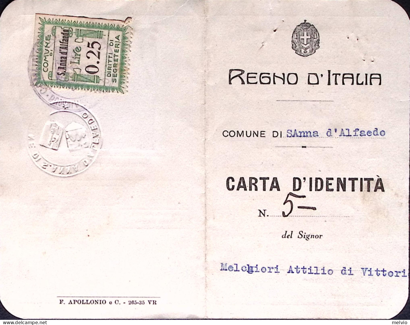 1936-CARTA D IDENTITA' Completa Fotografia Rilasciata S Anna Di Alfaedo ((21.1) - Tarjetas De Membresía