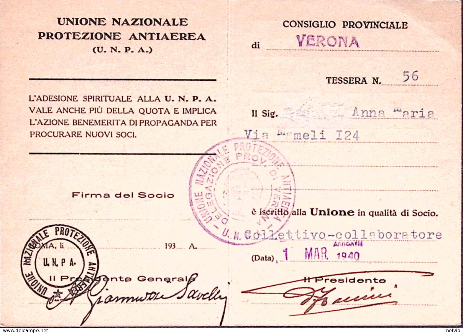 1940-U.N.P.A. (U. N.PROTEZIONE ANTIAEREA) Tessera Iscrizione Datata Verona (1.3) - Tarjetas De Membresía