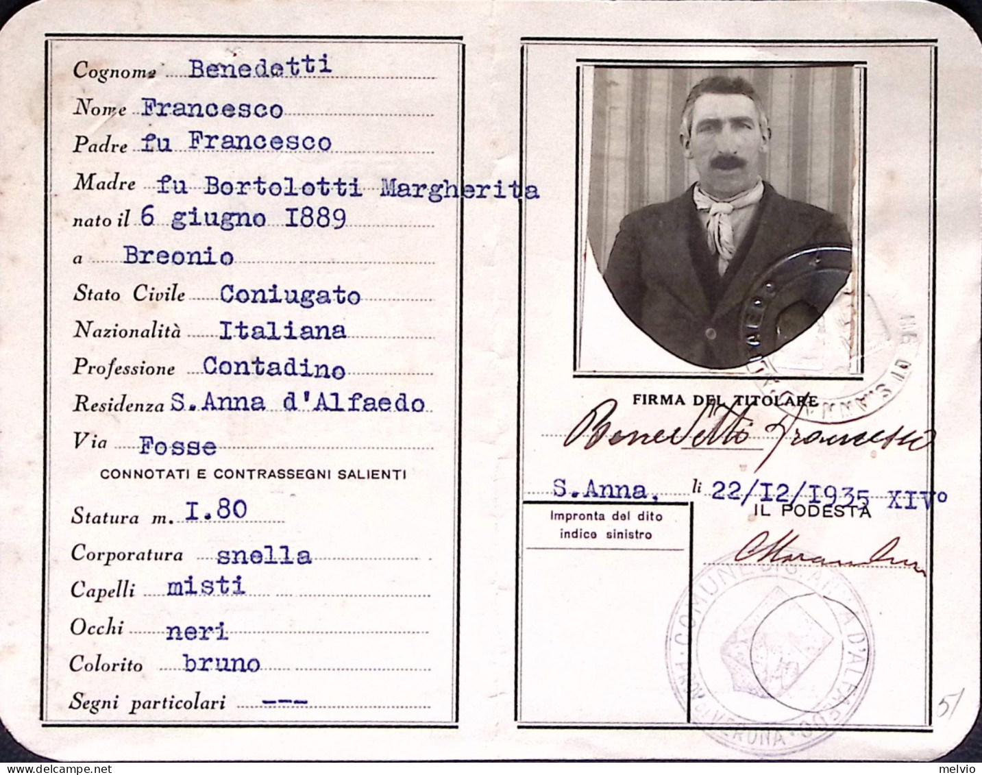 1935-CARTA D'IDENTITA' Completa Di Fotografia Rilasciata S. Anna Di Alfaedo ((22 - Lidmaatschapskaarten