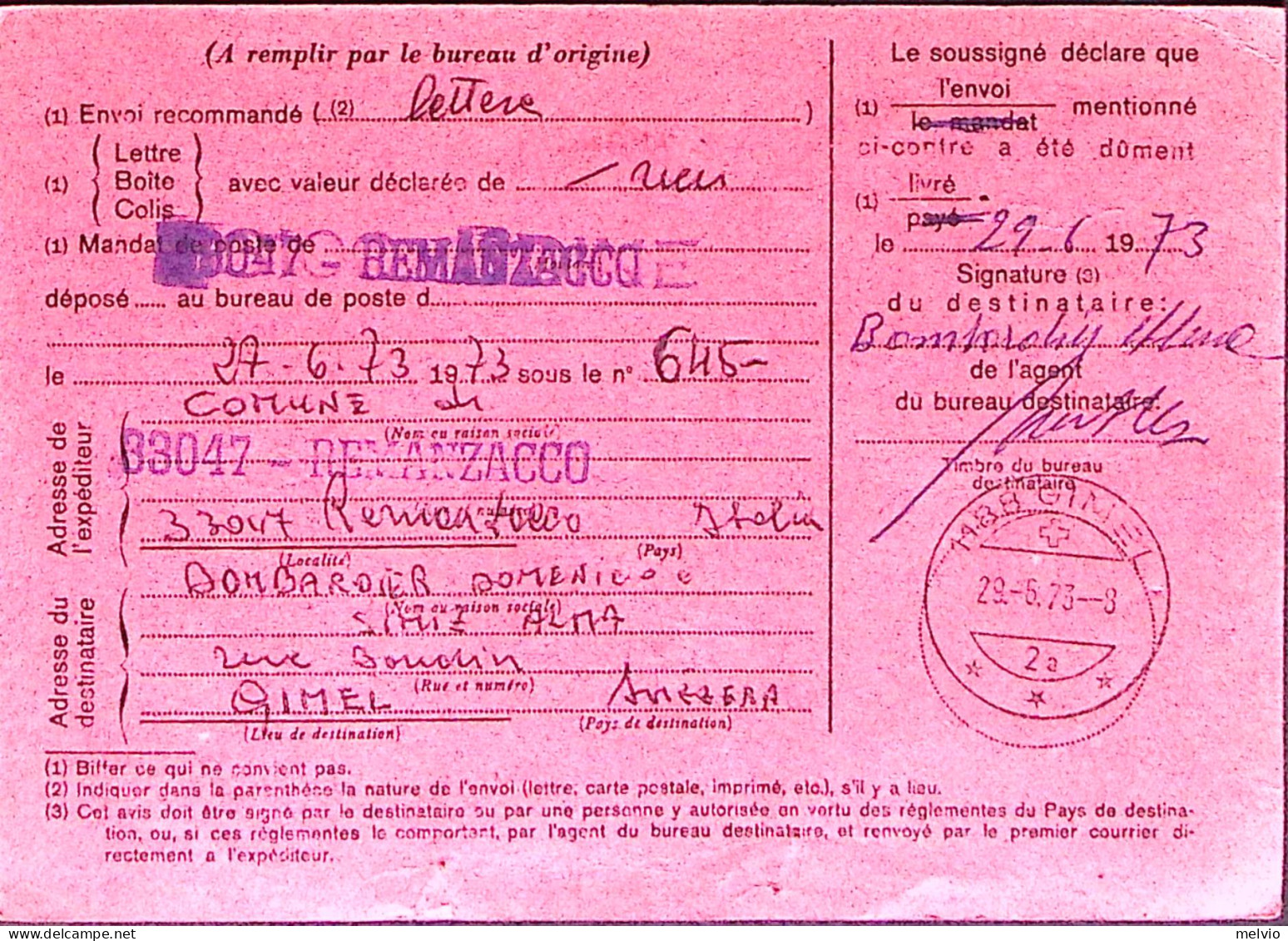 1973-AVVISO RICEVIMENTO Per ESTERO (mod 23-E Cartoncino Rosa) Non Affrancato Usa - 1971-80: Marcophilie