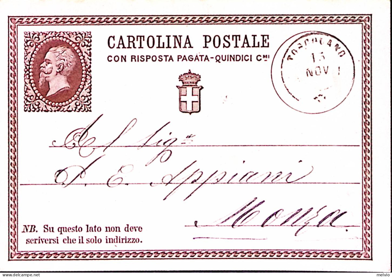 1875-Cartolina Postale R.P. Centesimi 15 +0 Parte Domanda Toscolano (16.11) - Entiers Postaux