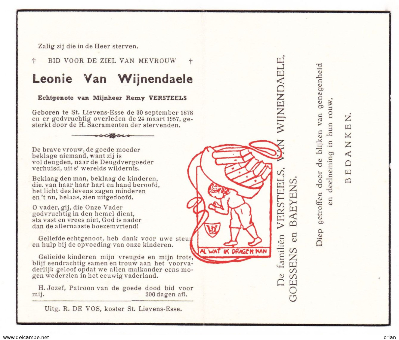 DP Leonie Van Wijnendaele ° Sint-Lievens-Esse Herzele 1878 † 1957 X Remy Versteels // Goessens Baeyens - Devotion Images