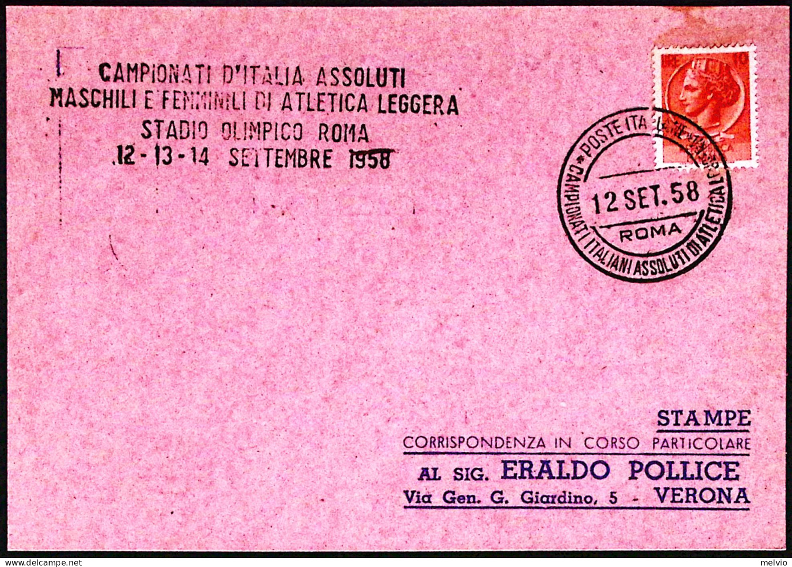 1958-ROMA CAMPIONATI ATETICA LEGGERA Annullo Speciale E Lineare (12.9) Su Cartol - Demonstrations