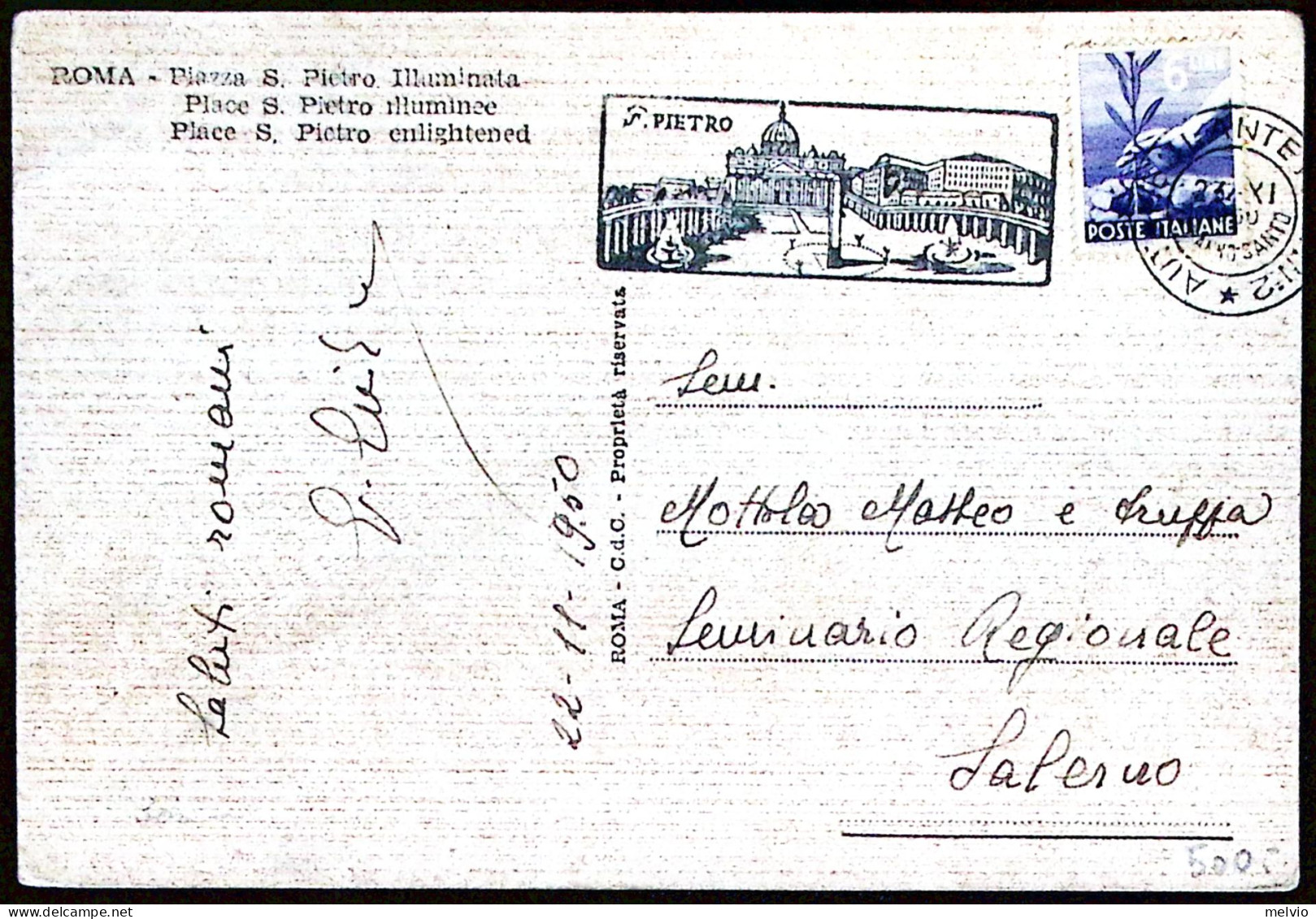 1950-ROMA ANNO SANTO/ Piazza S.Pietro Annullo A Targhetta (23.11) Su Cartolina - Betogingen