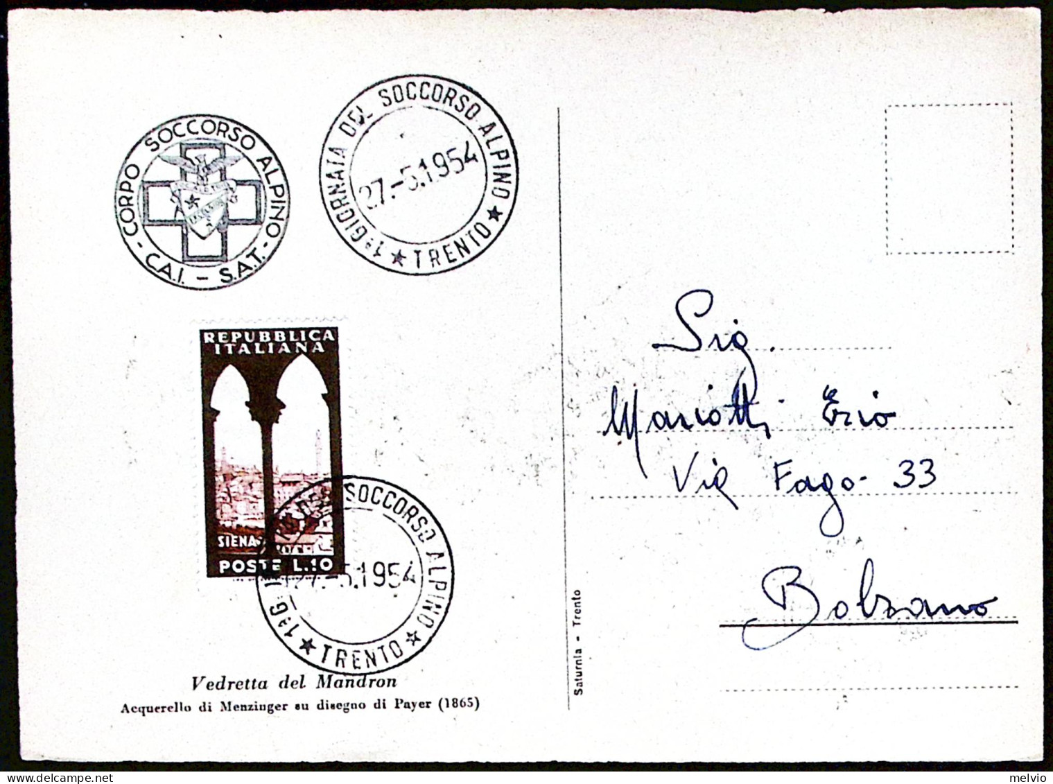 1954-TRENTO GIORNATA DEL SOCCORSO ALPINO Annullo Speciale (27.5) Su Cartolina - Betogingen