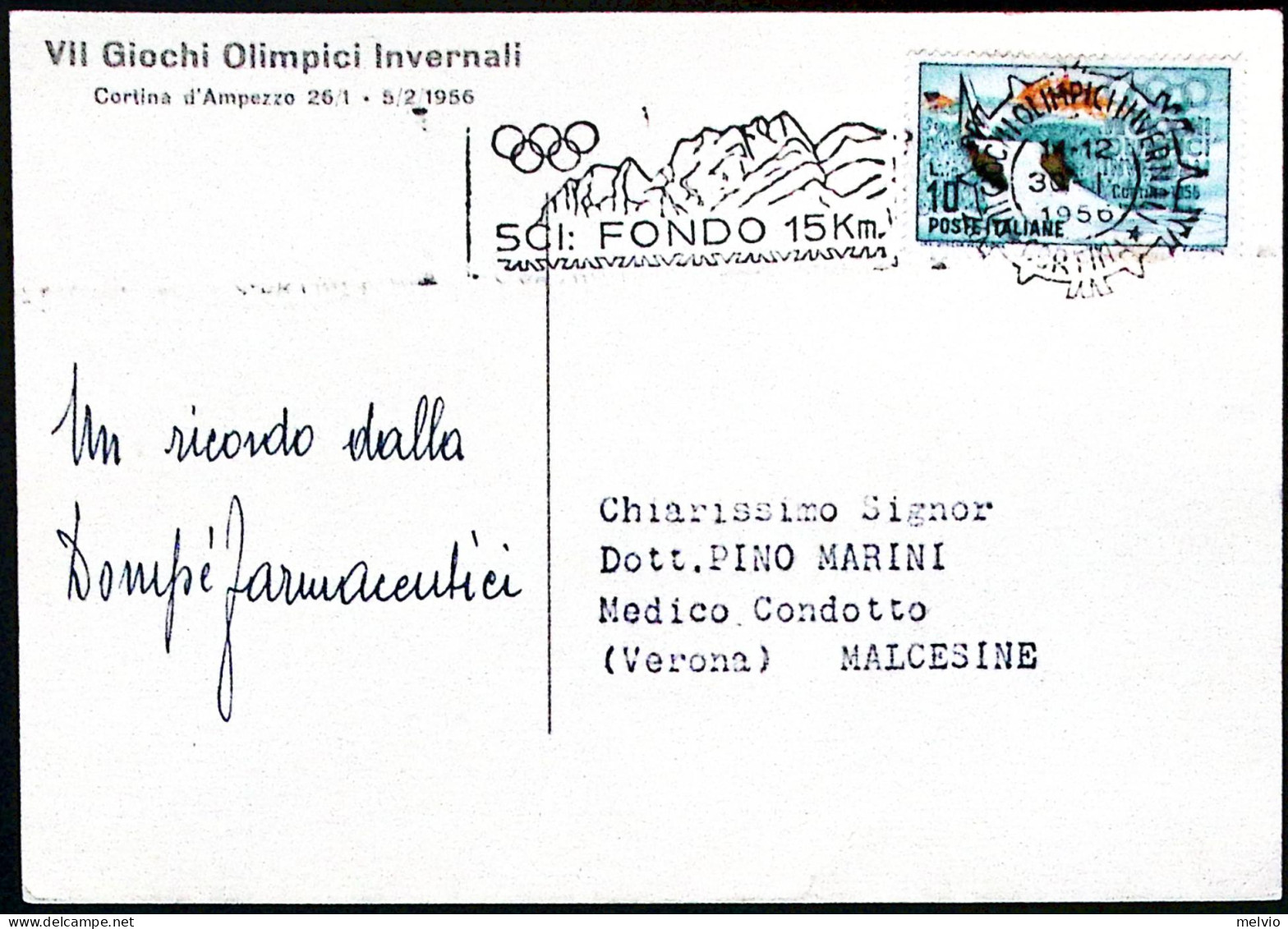 1956-CORTINA SCI FONDO 15km. Annullo Targhetta (30.1) Su Cartolina - Demonstrations