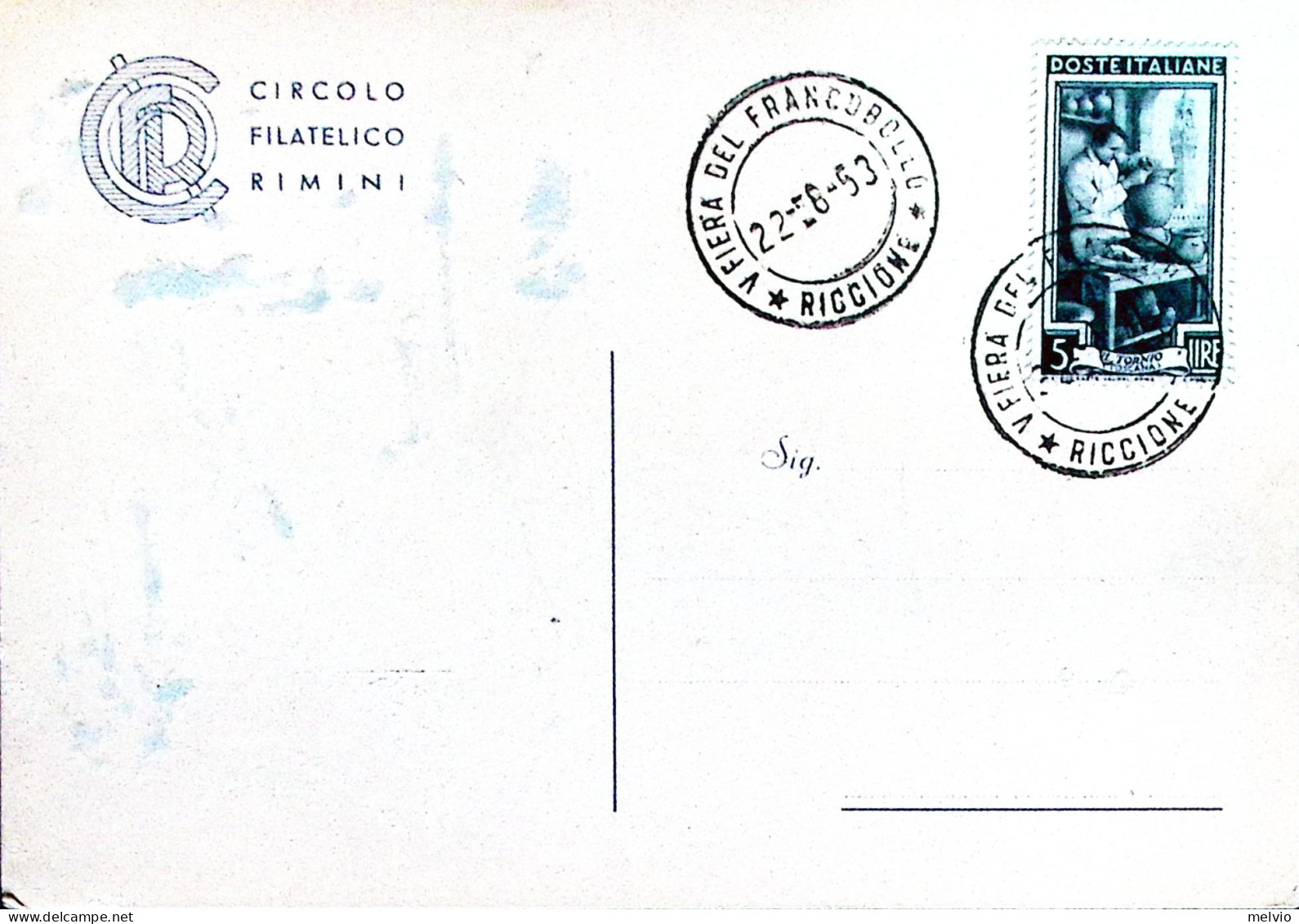 1953-RICCIONE V FIERA FRANCOBOLLO Annullo Speciale (22.6) Su Cartolina Non Viagg - Demonstrationen