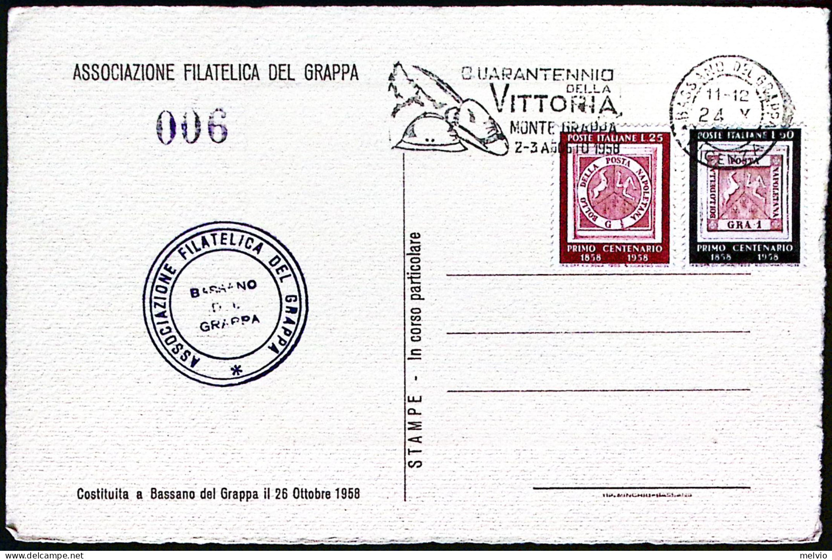 1948-BASSANO DEL GRAPPA ASSOCIAZIONE FILATELICA DEL GRAPPA Annullo Speciale, Su  - Betogingen