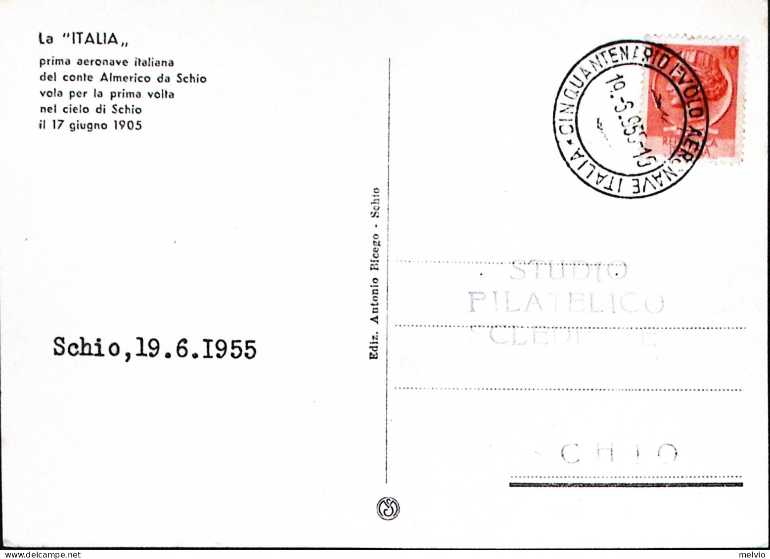 1955-SCHIO CINQUANTENARIO VOLO AERONAVE ITALIA Annullo Speciale (19.6) Su Cartol - Demonstrations