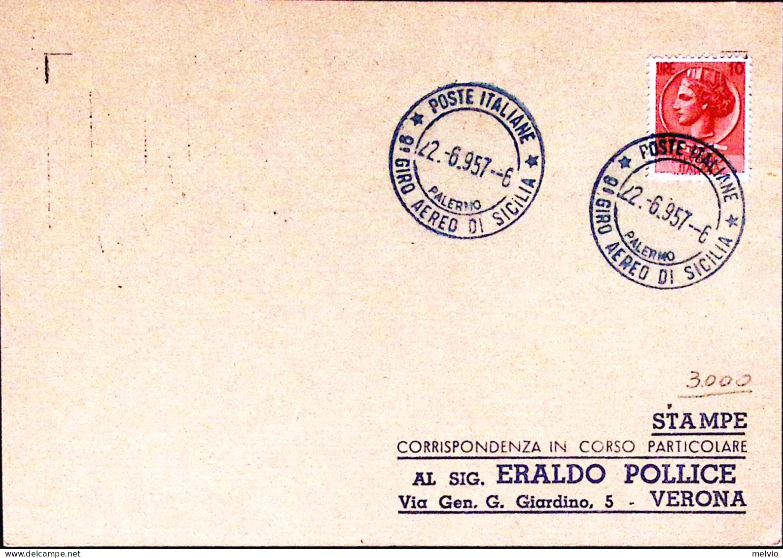 1957-PALERMO 9 GIRO AEREO SICILIA Annullo Speciale (22.6) Su Cartolina - Poste Aérienne