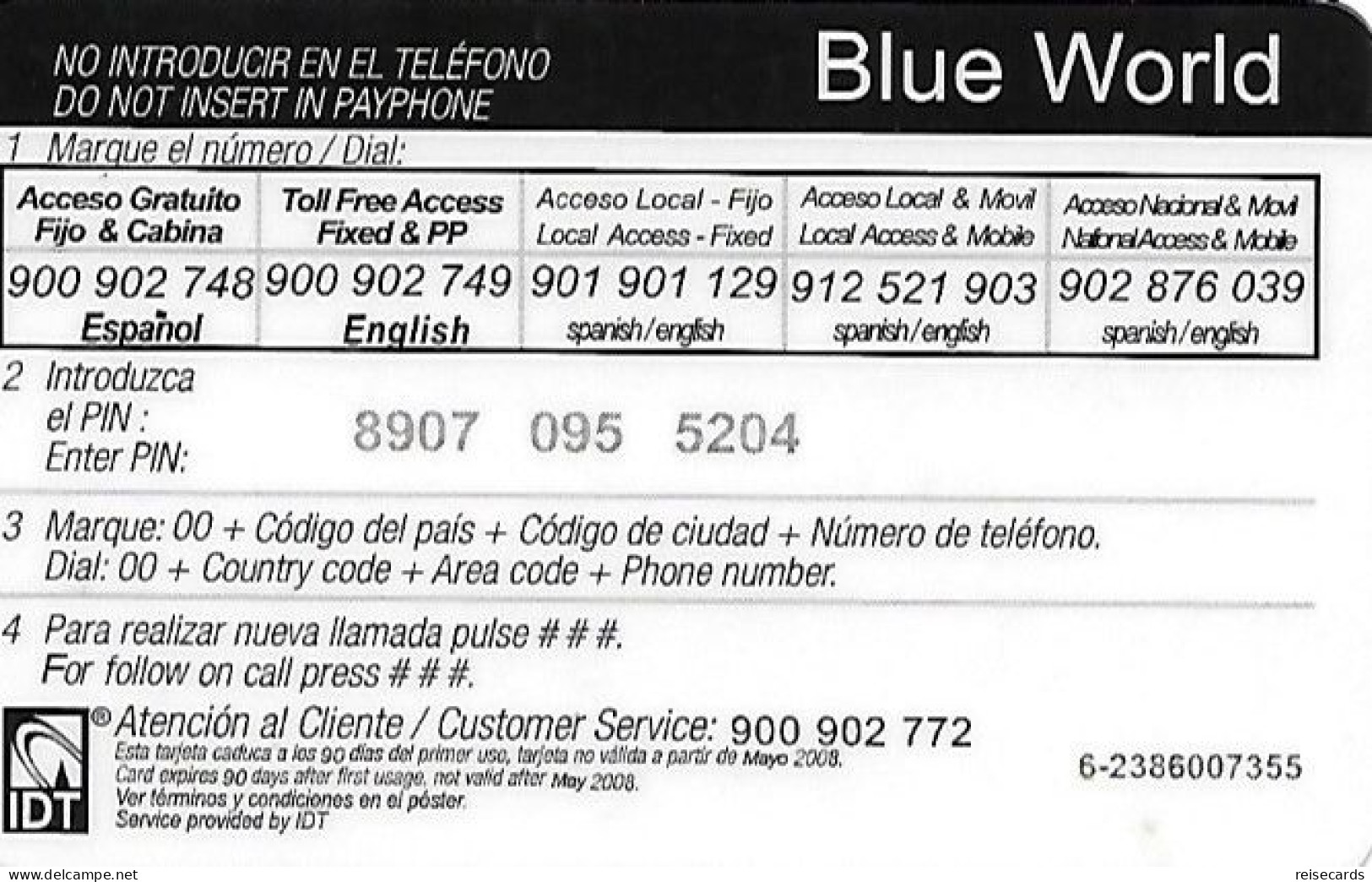 Spain: Prepaid IDT - Blue World 05.08 - Sonstige & Ohne Zuordnung