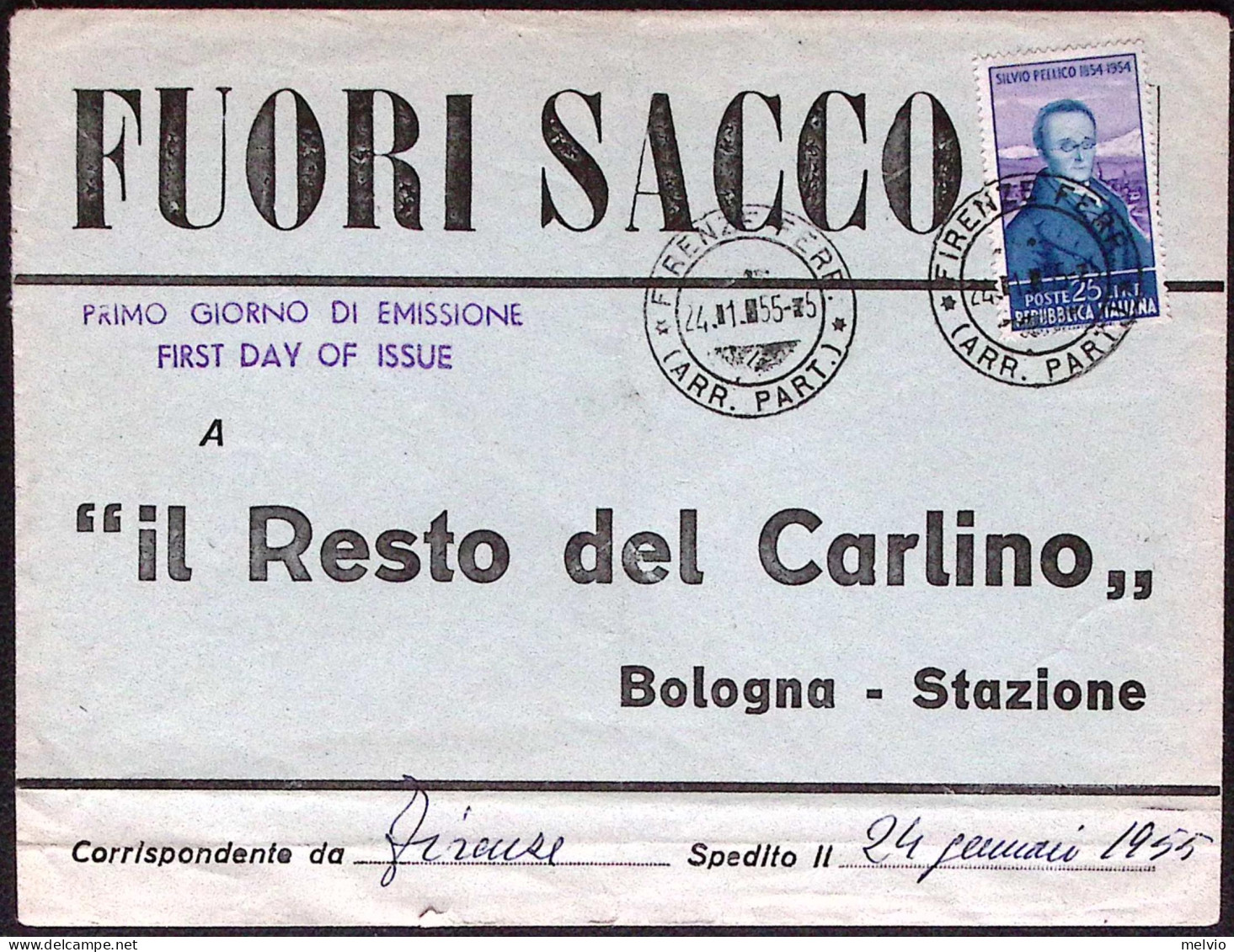 1955-lettera FUORI SACCO Affrancata L.25 Pellico Con Annullo Fdc - FDC