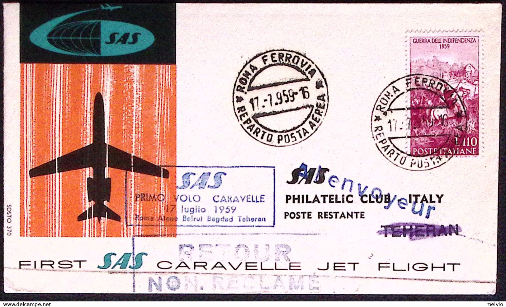 1959-bollo Azzurro SAS I Volo Caravelle Roma-Teheran Del 17 Luglio Affr. L. 110  - Airmail