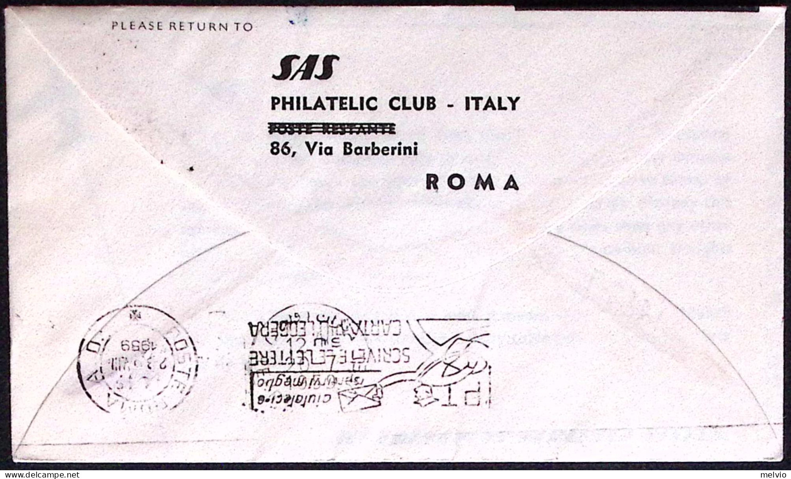 1959-bollo Azzurro SAS I Volo Caravelle Roma-Teheran Del 17 Luglio Affr. L. 110  - Poste Aérienne