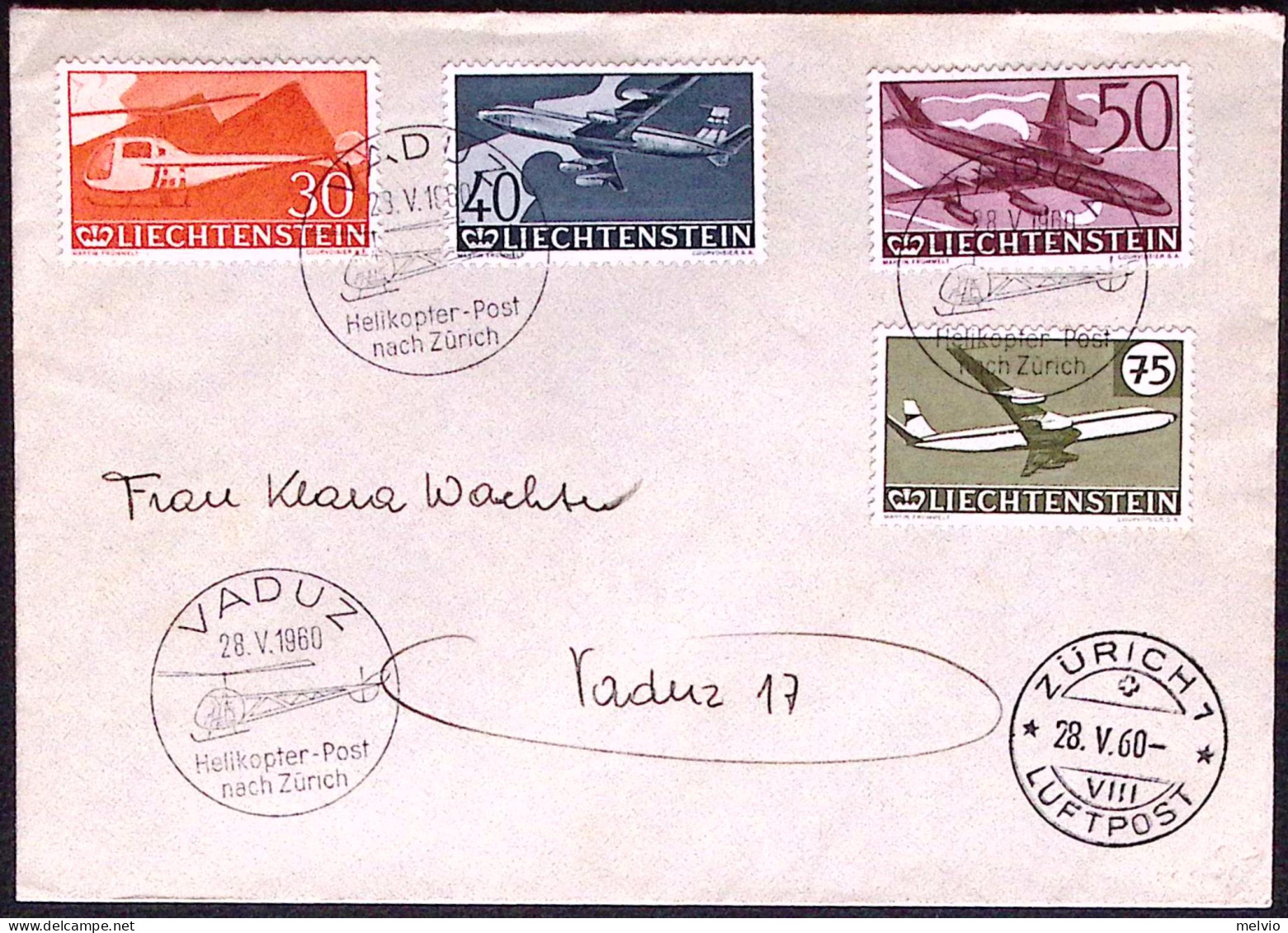 1960-Liechtenstein Lettera Affrancata PA. S.4v.Aerei Cachet Vaduz Helicopter Pos - Autres & Non Classés