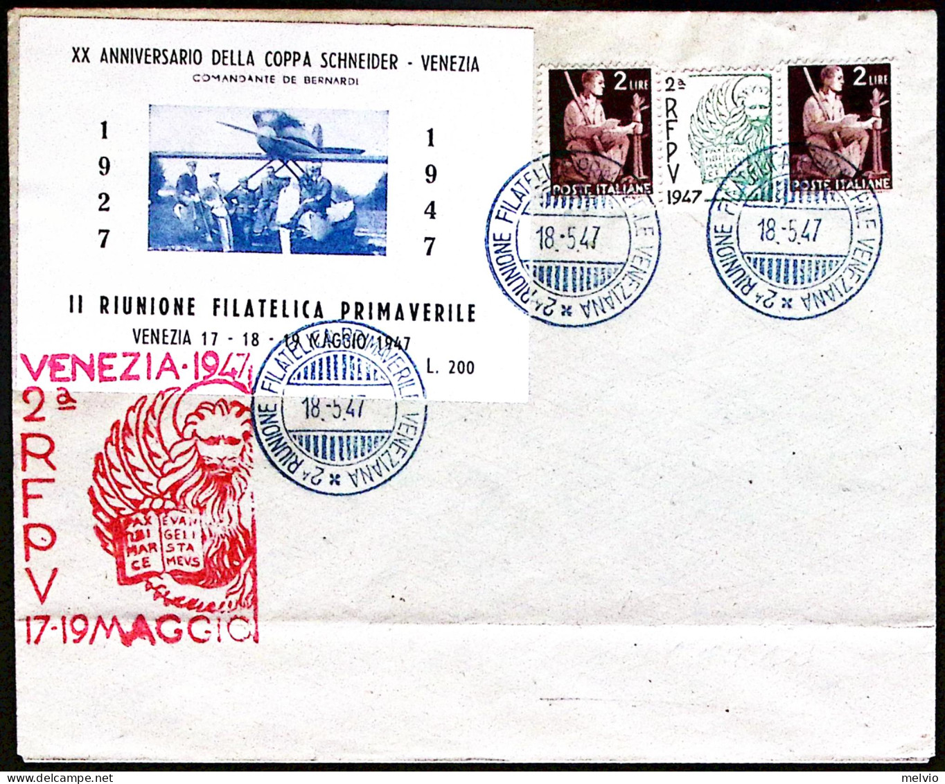 1947-Venezia 2 MOSTRA FILATELICA PRIMAVERILE Annullo Speciale Blu (18.5) Su Bust - Erinnofilie