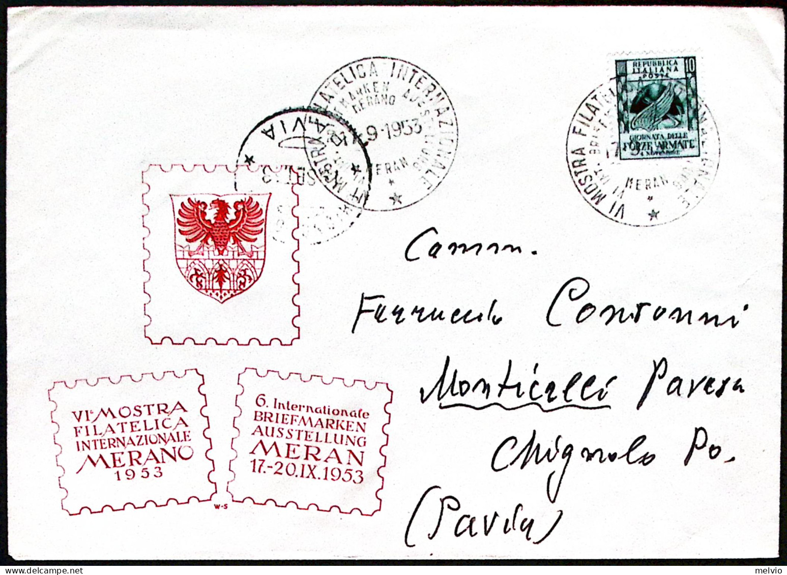 1953-MERANO MOSTRA FILATELICA Annullo Speciale (17.9) Su Busta - Expositions