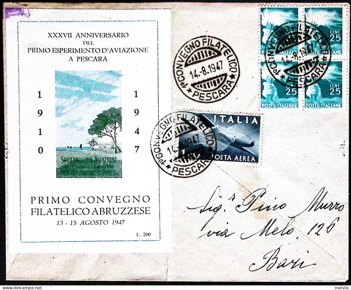 1947-PESCARA PRIMO CONVEGNO FILATELICO Annullo Speciale (14.8) Su Busta - 1946-60: Marcofilie