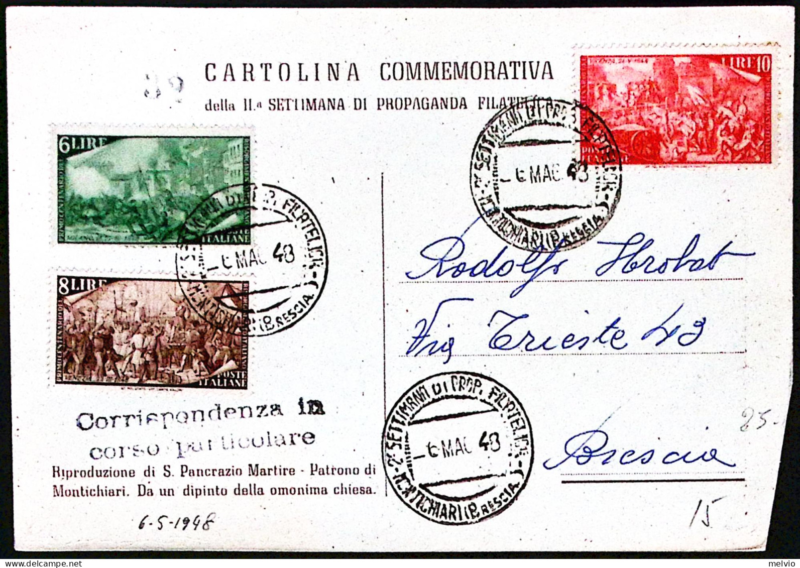 1948-MONTICHIARI 2 SETTIMANA FILATELICA Annullo Speciale (6.5) Su Cartolina Nume - Demonstrations