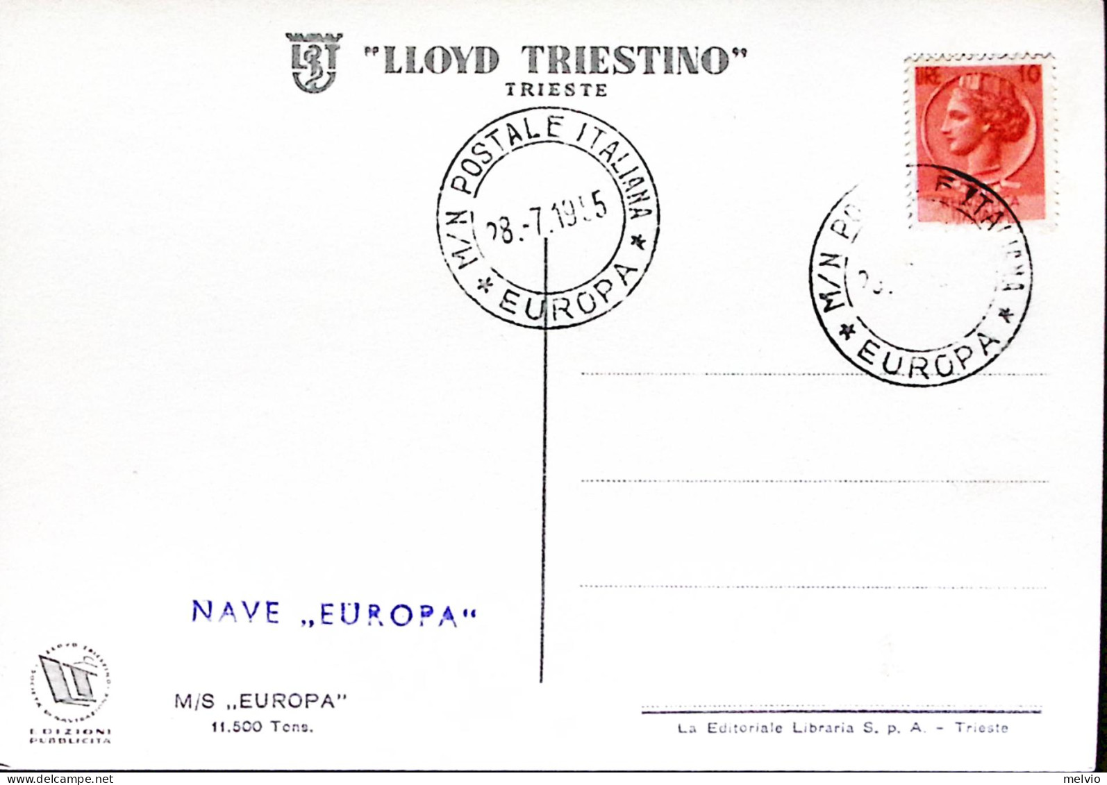 1955-M/N POSTALE ITALIANA/EUROPA Annullo Speciale (28.7) Su Cartolina Della Stes - Passagiersschepen