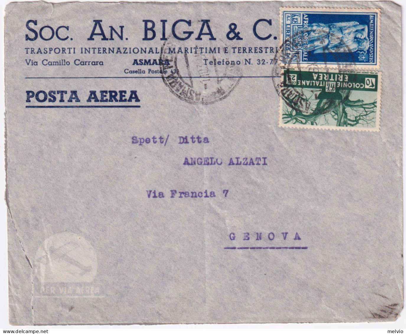 1938-AOI Augusto Lire 1,75 + ERITREA C.25 Su Busta Via Aerea Asmara (1.10) - Italienisch Ost-Afrika