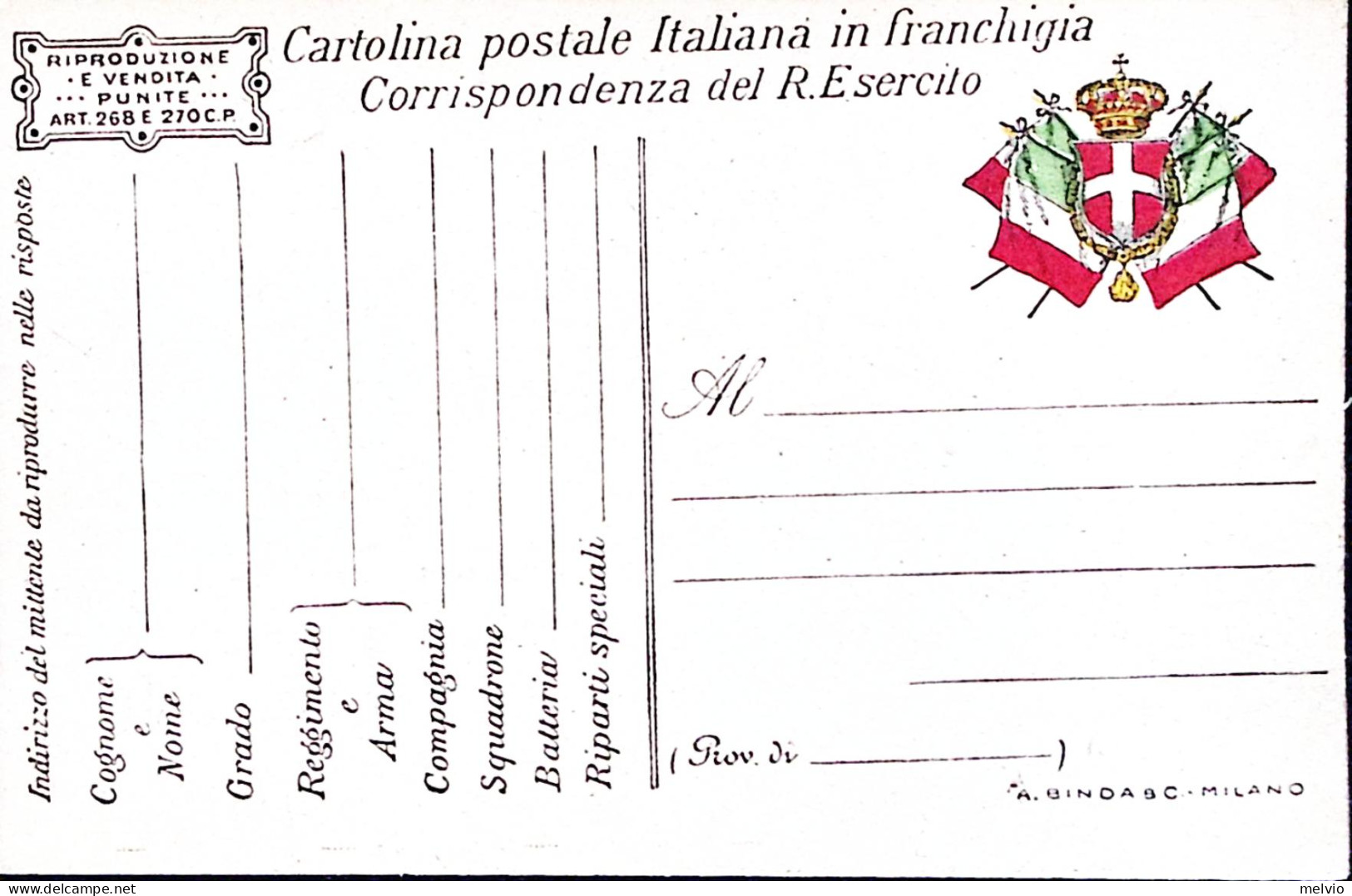 1915-Cartolina Franchigia Stemma E Bandiere, Tipografia A.BINDA EtC. MILANO, Nuo - Other & Unclassified