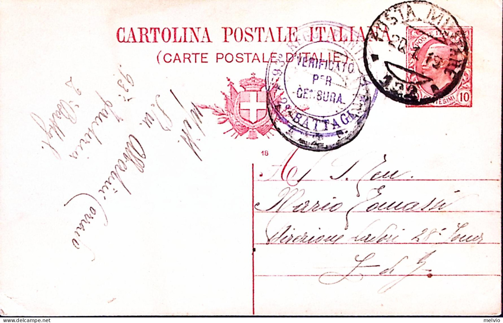 1919-Posta Militare/122 C.2 (20.1) Su Cartolina Postale Leoni C.10 Mil.18 - War 1914-18