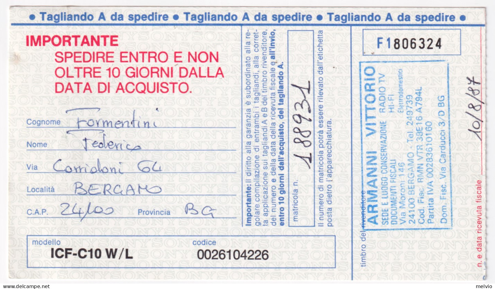 1987-NAPOLI CAMPIONATO ITALIA Lire 500 (1805) Isolato Su Cartolina Tassata (annu - 1981-90: Marcophilie
